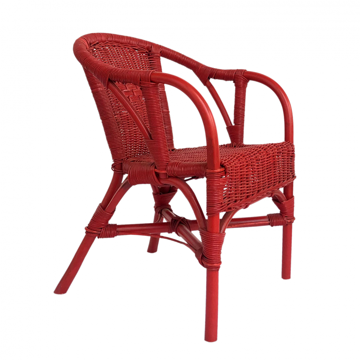 Red chair for children in natural rattan