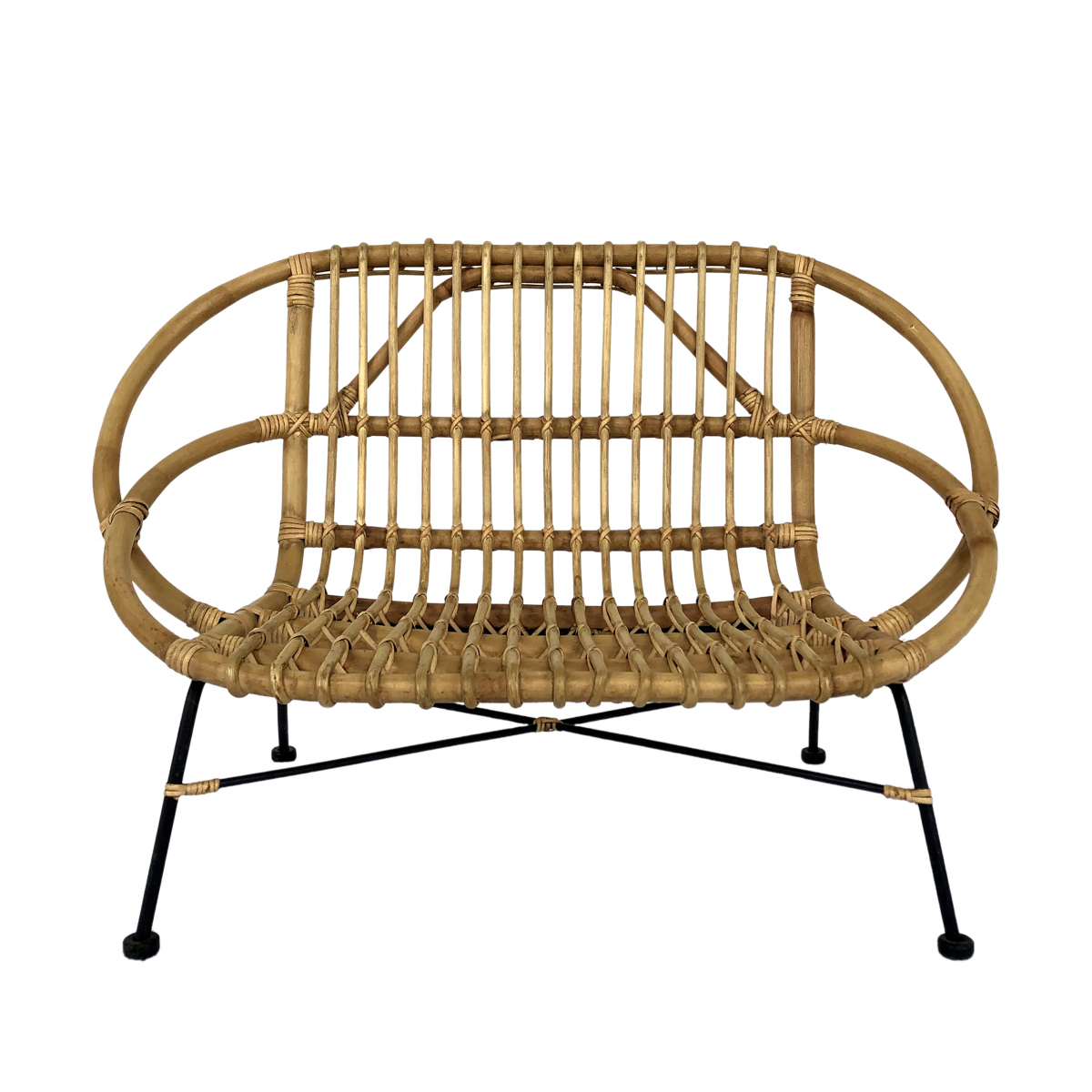 Natural rattan child's bench with metal base