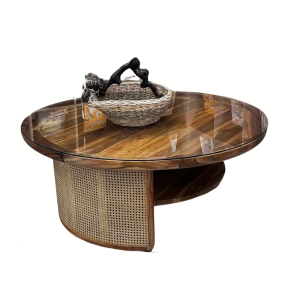 Rattan Round Wood and Caning Coffee Table