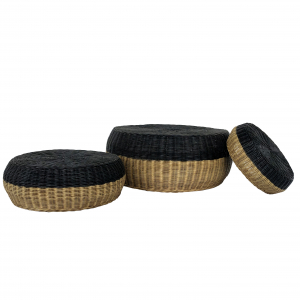 Ensemble de 3 poufs bicolore rotin naturel noir